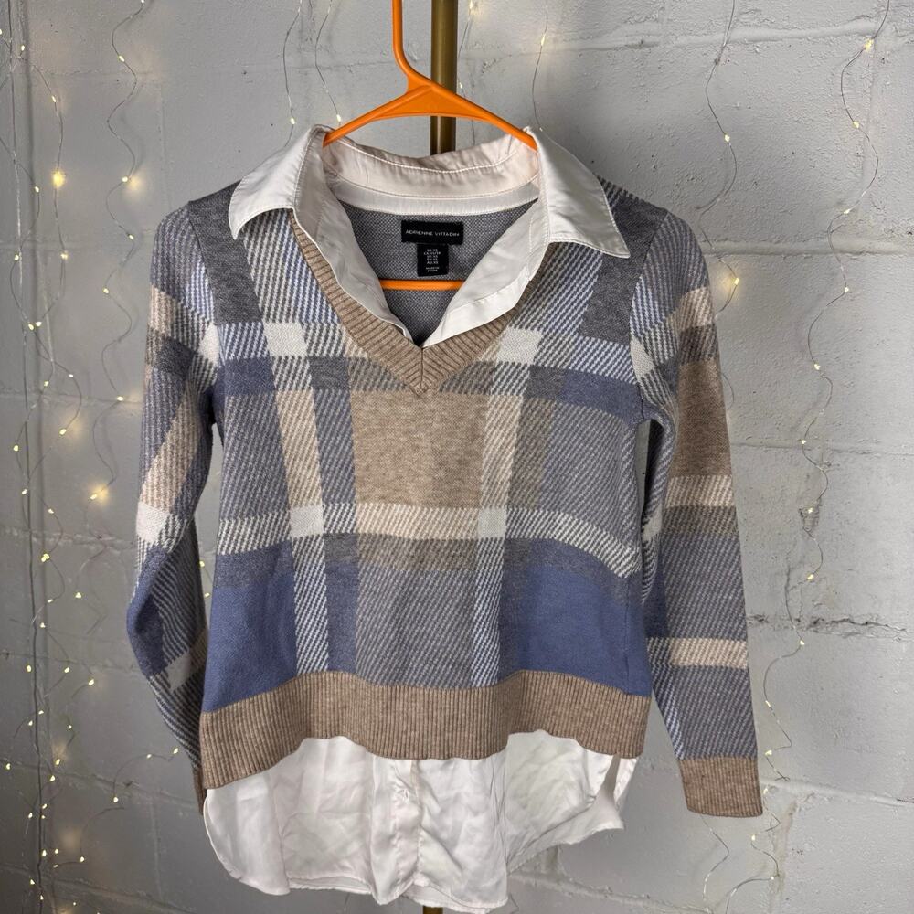 Adrienne Vittadini Women’s XS Plaid V-Neck Layered Shirt Hem Knit Sweater